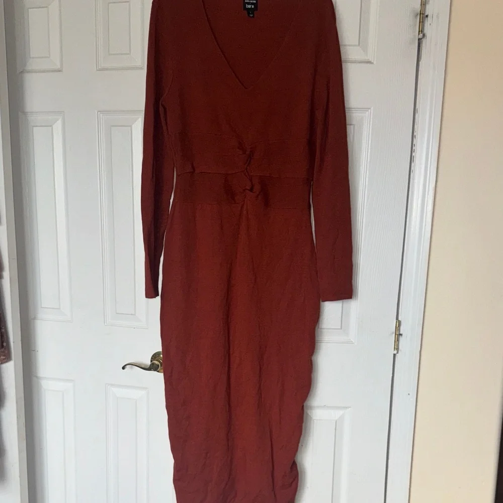 bar iii long sleeve dress BAR III $79 Womens New 1126 Brown Jewel Neck Long Sleeve Hi-Lo Dress L B+B
